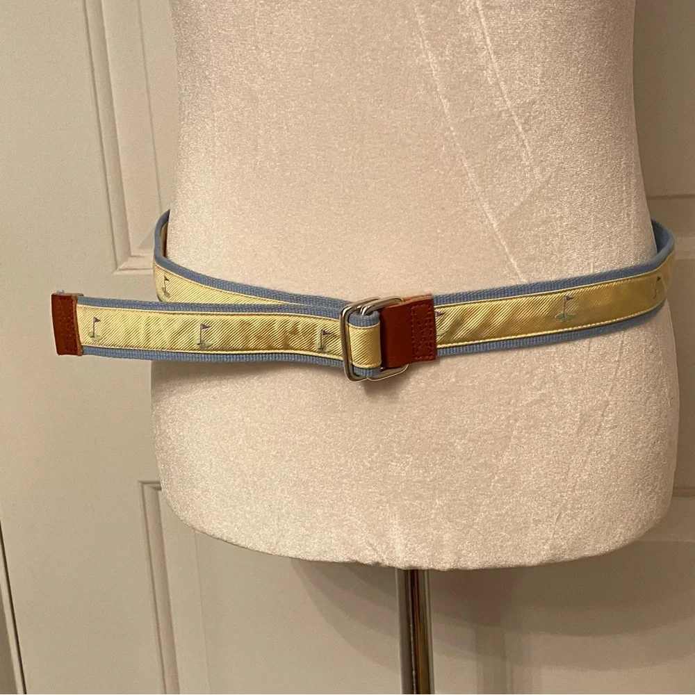 J. McLAUGHLIN BELT GOLF FLAG BLUE WEBBING YELLOW RIBBON BROWN LEATHER SIZE S USA